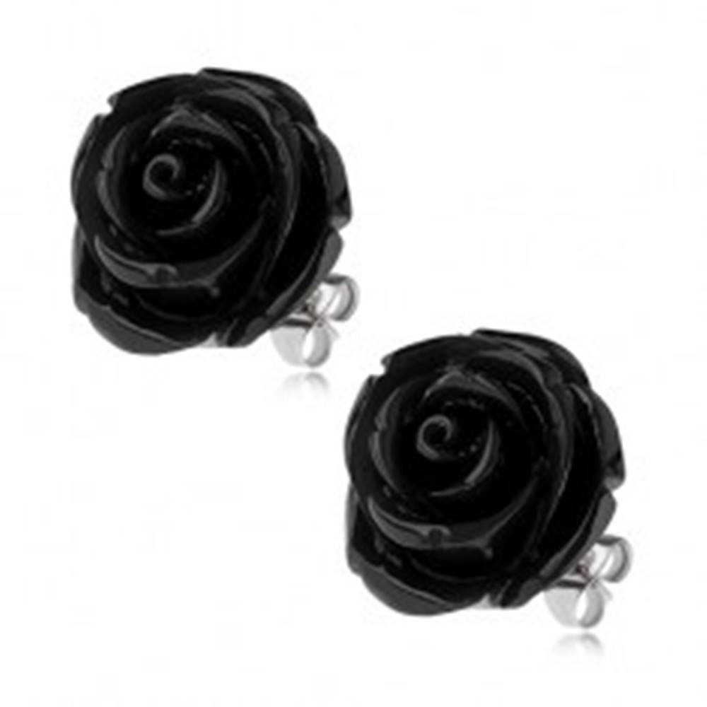 Šperky eshop Oceľové náušnice, čierny živicový kvet ruže, puzetové zapínanie, 20 mm