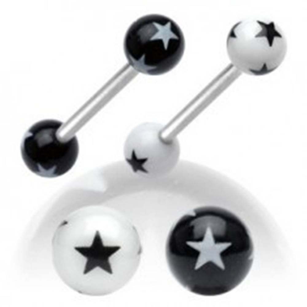 Šperky eshop Oceľový piercing do jazyka, čierno-biele akrylové guličky s hviezdičkami - Farba piercing: Biela - Čierna
