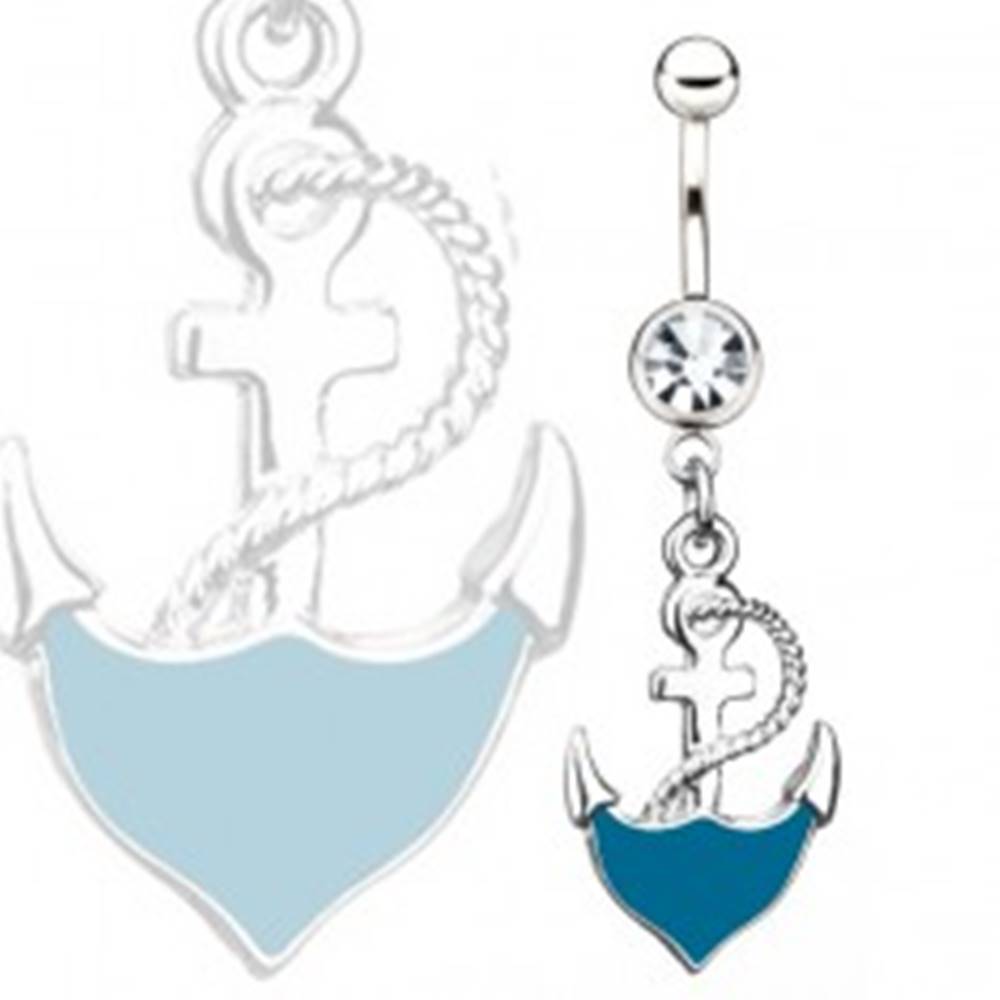 Šperky eshop Oceľový piercing do pupka - modrá kotva s lanom, číry kamienok