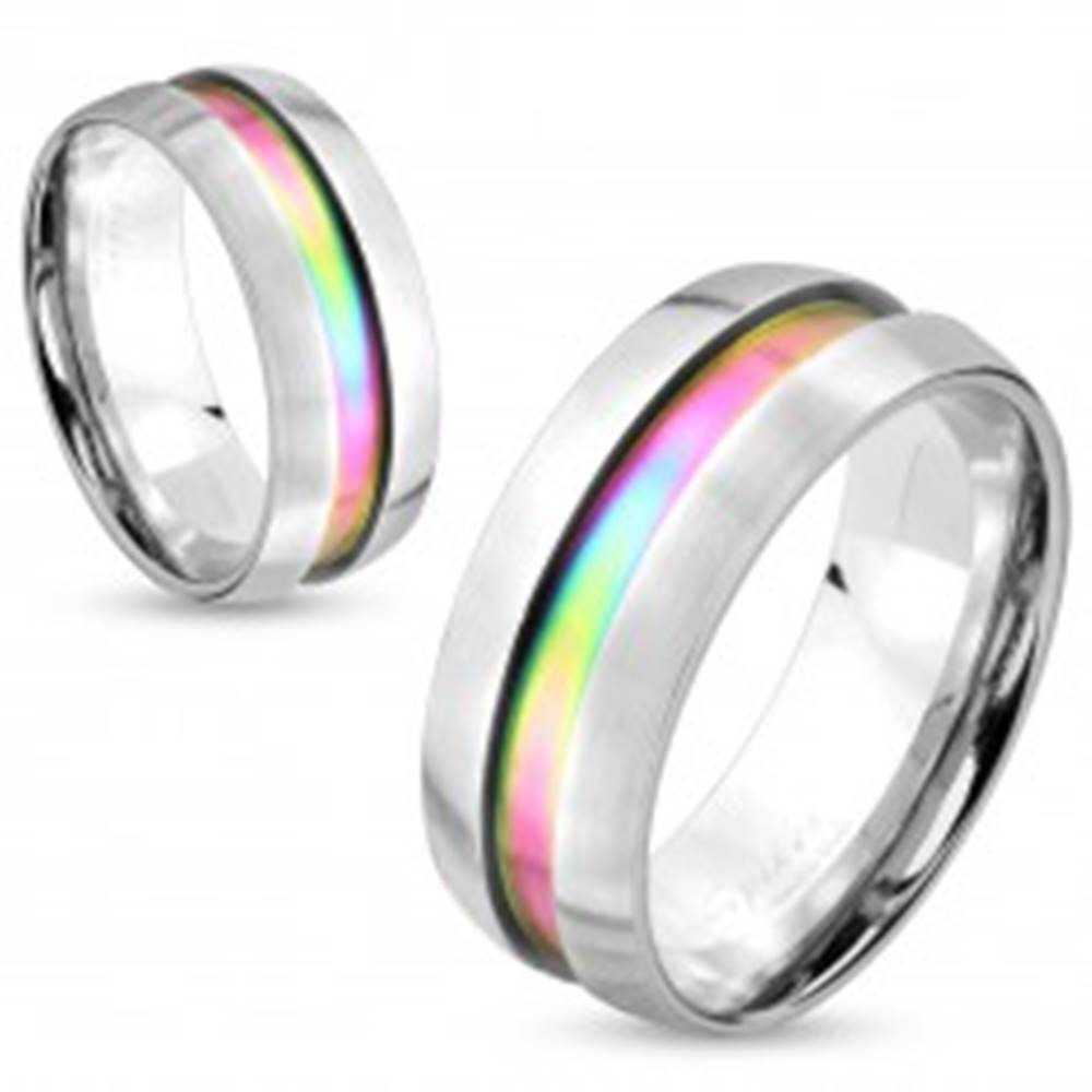 Šperky eshop Oceľový prsteň striebornej farby, dúhový prúžok, vyvýšené okraje, 8 mm - Veľkosť: 60 mm