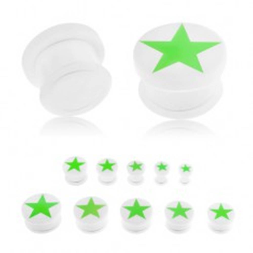 Šperky eshop Plug do ucha z akrylu bielej farby, zelená päťcípa hviezda žiariaca v tme, gumička - Hrúbka: 10 mm