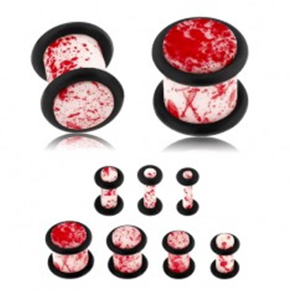Šperky eshop Plug do ucha z akrylu, biely povrch zdobený červenými škvrnami, gumičky - Hrúbka: 10 mm