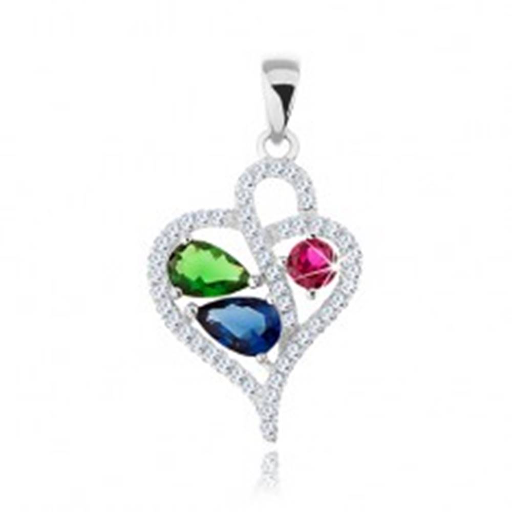 Šperky eshop Prívesok zo striebra 925, zirkónová kontúra asymetrického srdca, farebné zirkóny