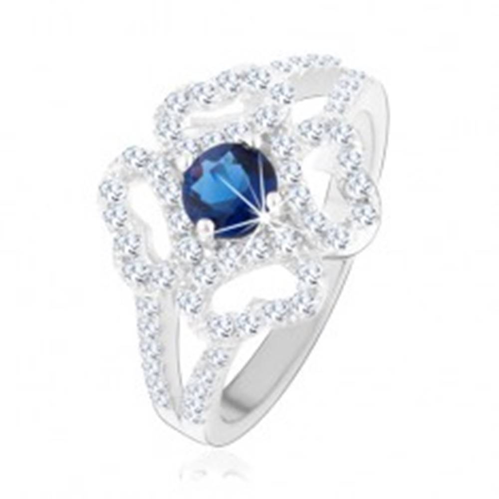 Šperky eshop Prsteň - striebro 925, rozdelené ramená, číry obrys kvetu, modrý zirkón - Veľkosť: 49 mm