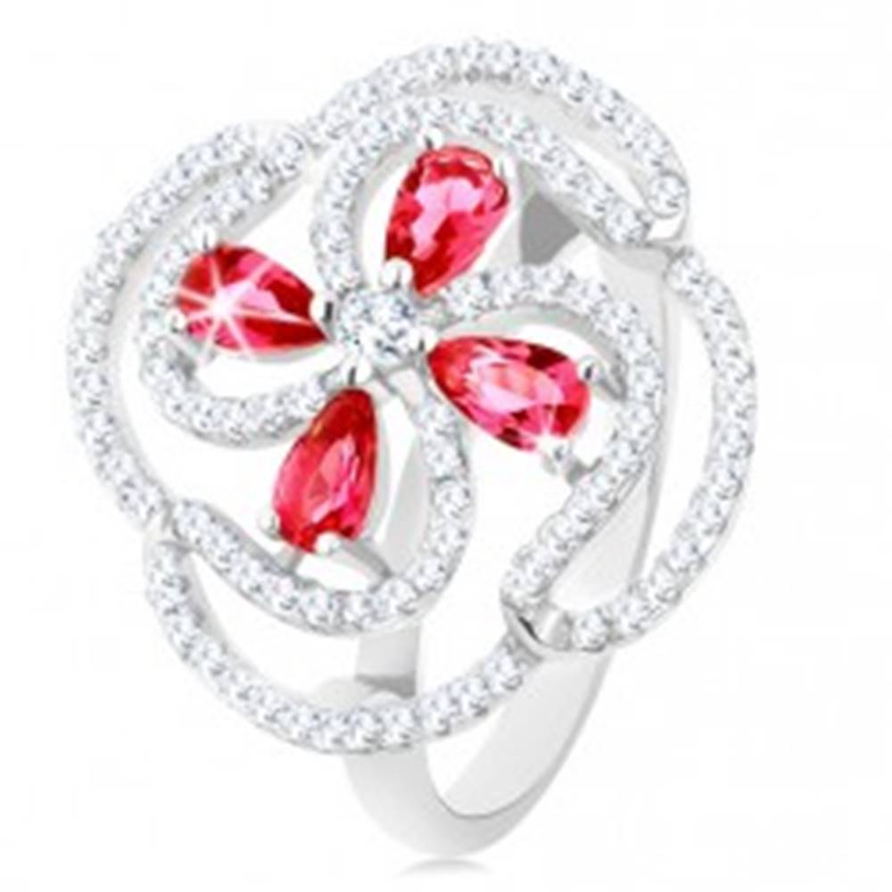 Šperky eshop Prsteň, striebro 925, vypuklý kvet z ružových zirkónových kvapiek a čírych línií - Veľkosť: 50 mm