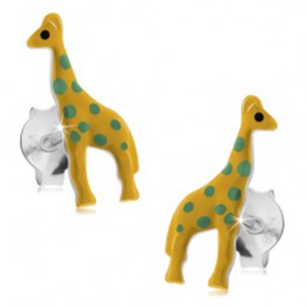 Šperky eshop Puzetové náušnice, striebro 925, žltá glazúrovaná žirafa so zelenými bodkami