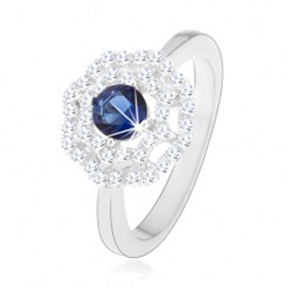 Šperky eshop Ródiovaný strieborný prsteň 925, slnko - modrý okrúhly zirkón, dvojitý číry lem - Veľkosť: 49 mm