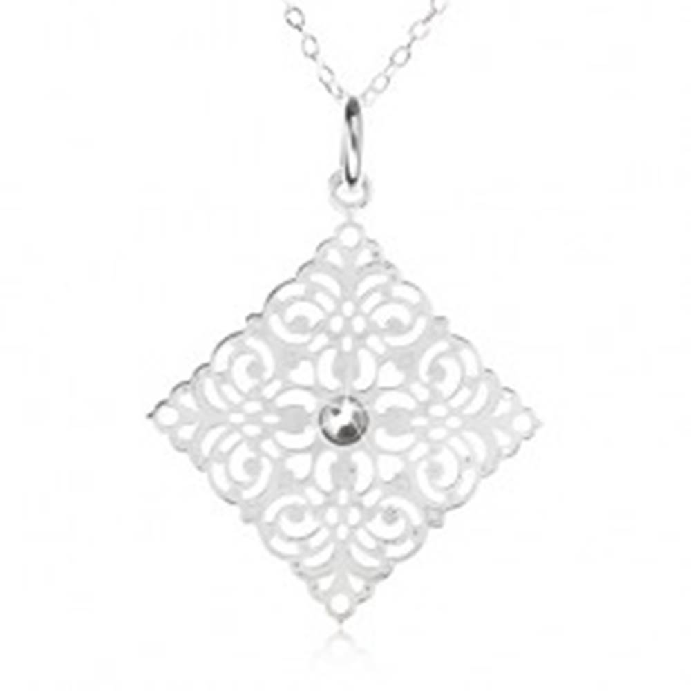 Šperky eshop Strieborný 925 náhrdelník - retiazka, ozdobne vyrezávaný štvorec, zirkón