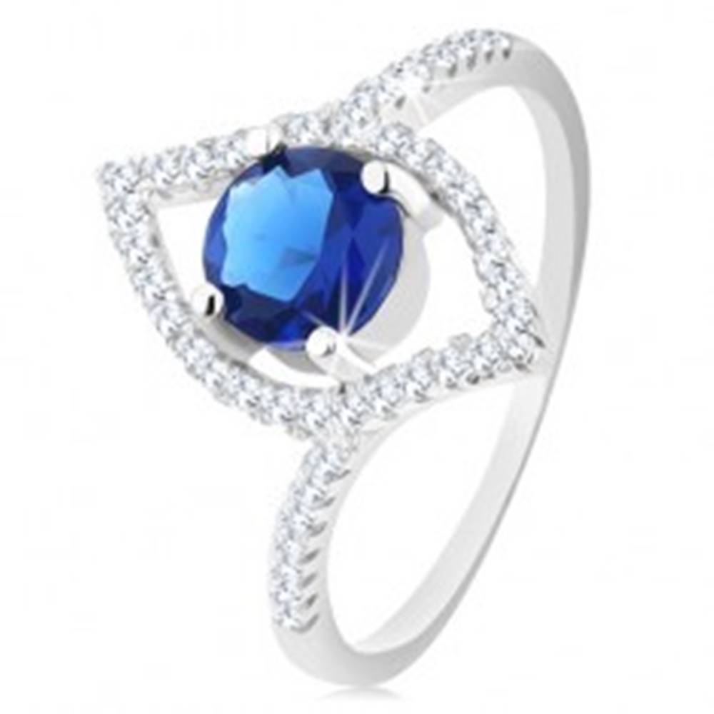 Šperky eshop Strieborný 925 prsteň, ligotavý obrys zrnka, okrúhly modrý zirkón - Veľkosť: 51 mm