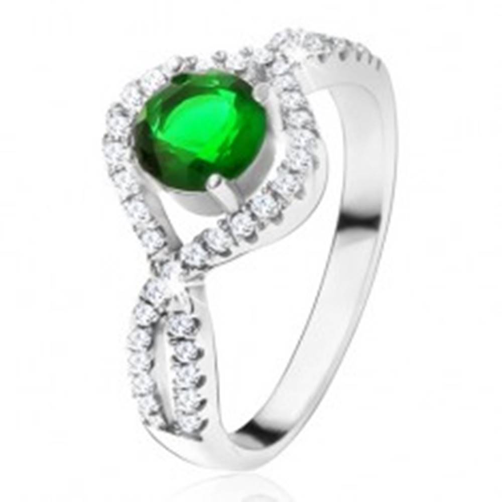 Šperky eshop Strieborný 925 prsteň, okrúhly zelený kameň, zatočené zirkónové ramená - Veľkosť: 49 mm