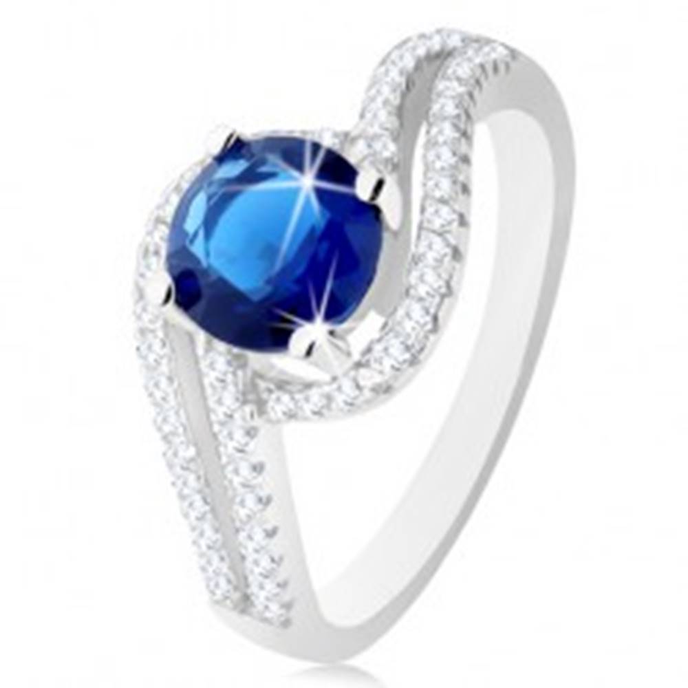 Šperky eshop Strieborný prsteň 925, číre dvojité vlnky, okrúhly tmavomodrý zirkónik - Veľkosť: 49 mm