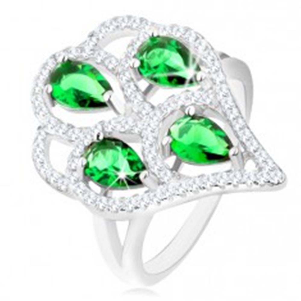 Šperky eshop Strieborný prsteň 925, strapec zo zelených zirkónových slzičiek s čírym lemom - Veľkosť: 50 mm