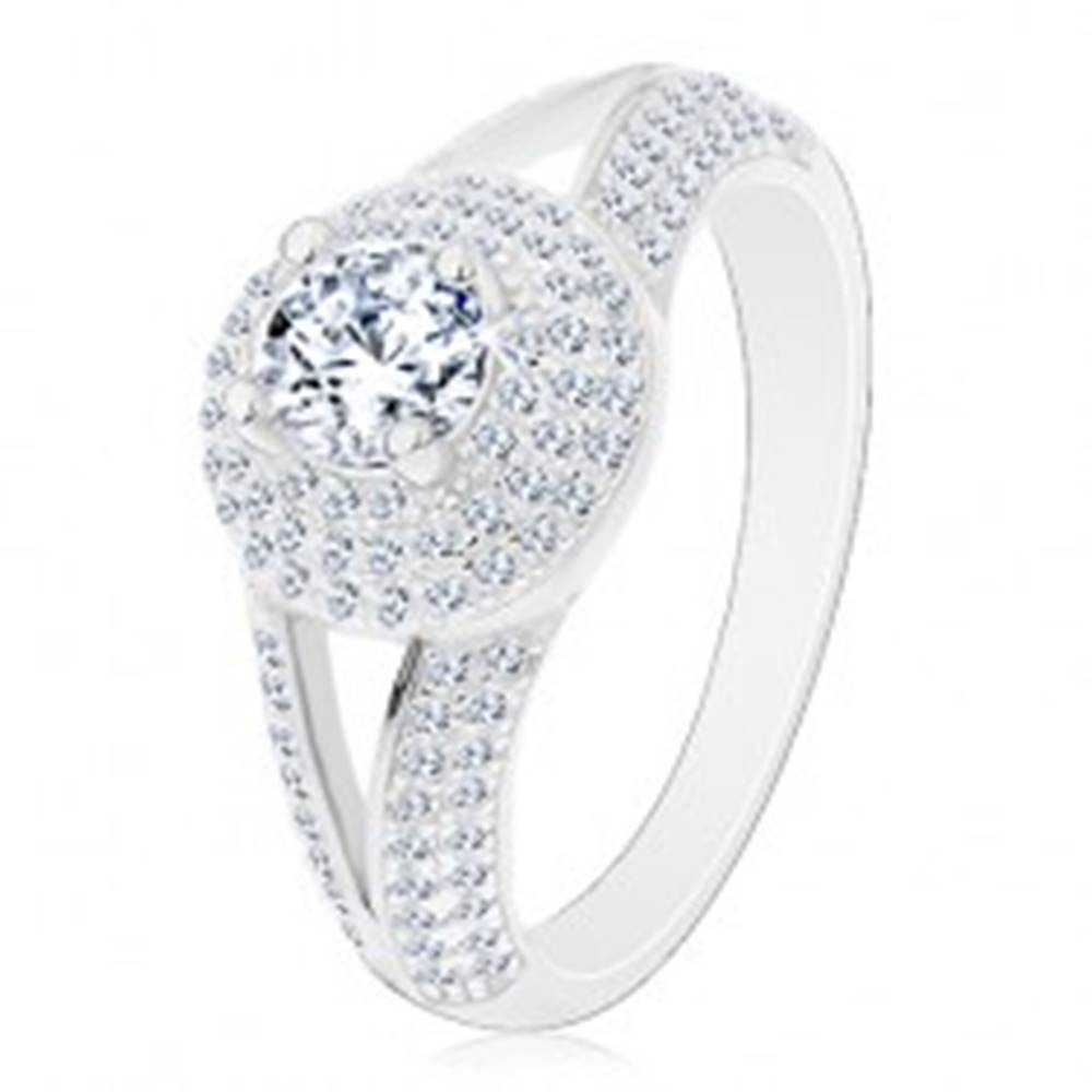 Šperky eshop Strieborný prsteň 925 - zásnubný, rozdelené ramená, žiarivý kruh so zirkónom - Veľkosť: 50 mm