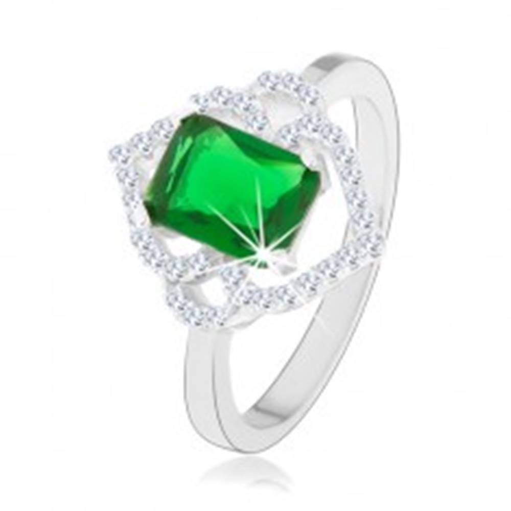 Šperky eshop Strieborný prsteň 925, zelený obdĺžnikový zirkón, číre obrysy lístkov, oblúčiky - Veľkosť: 49 mm