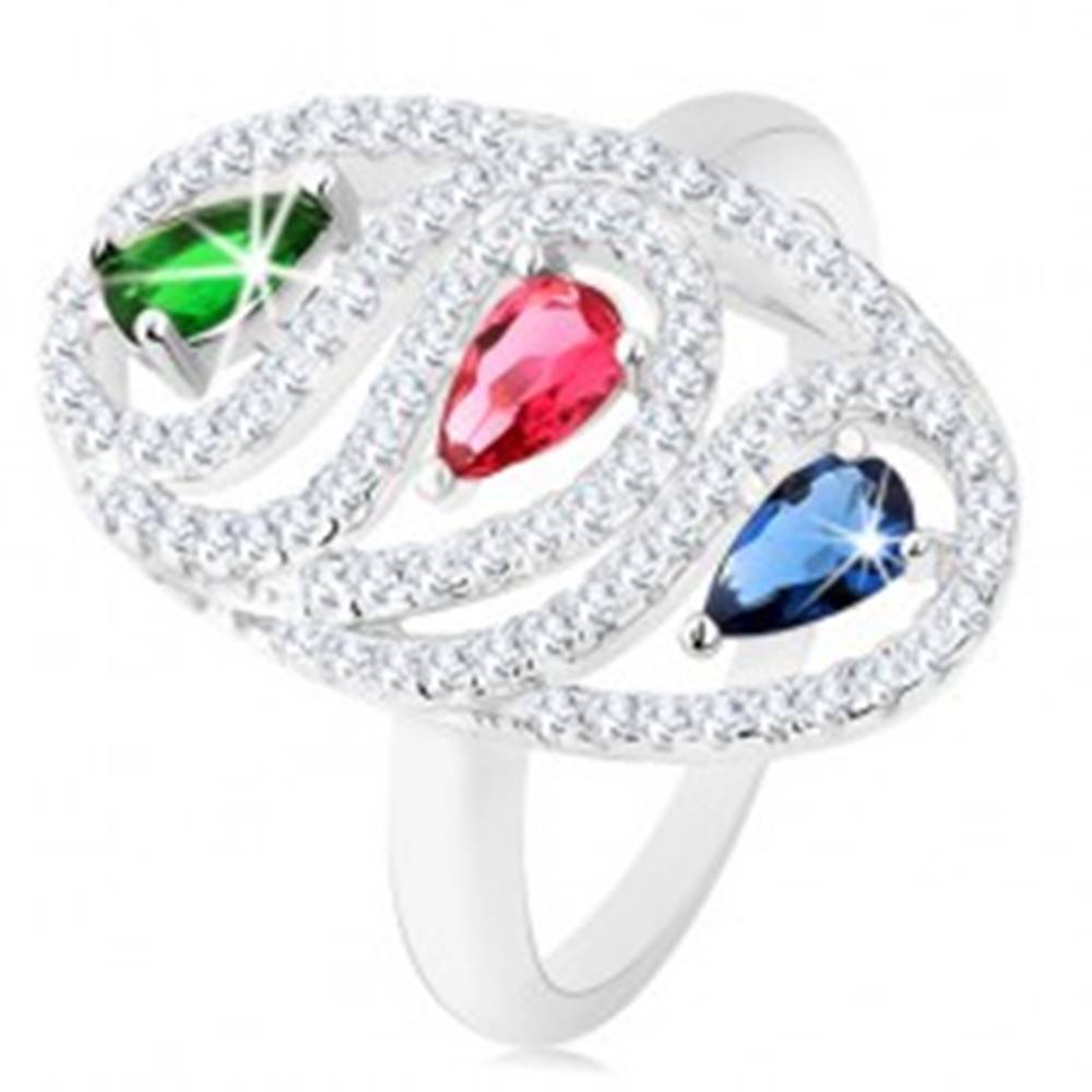 Šperky eshop Strieborný prsteň 925, zirkónová oválna kontúra, farebné brúsené kvapky - Veľkosť: 49 mm