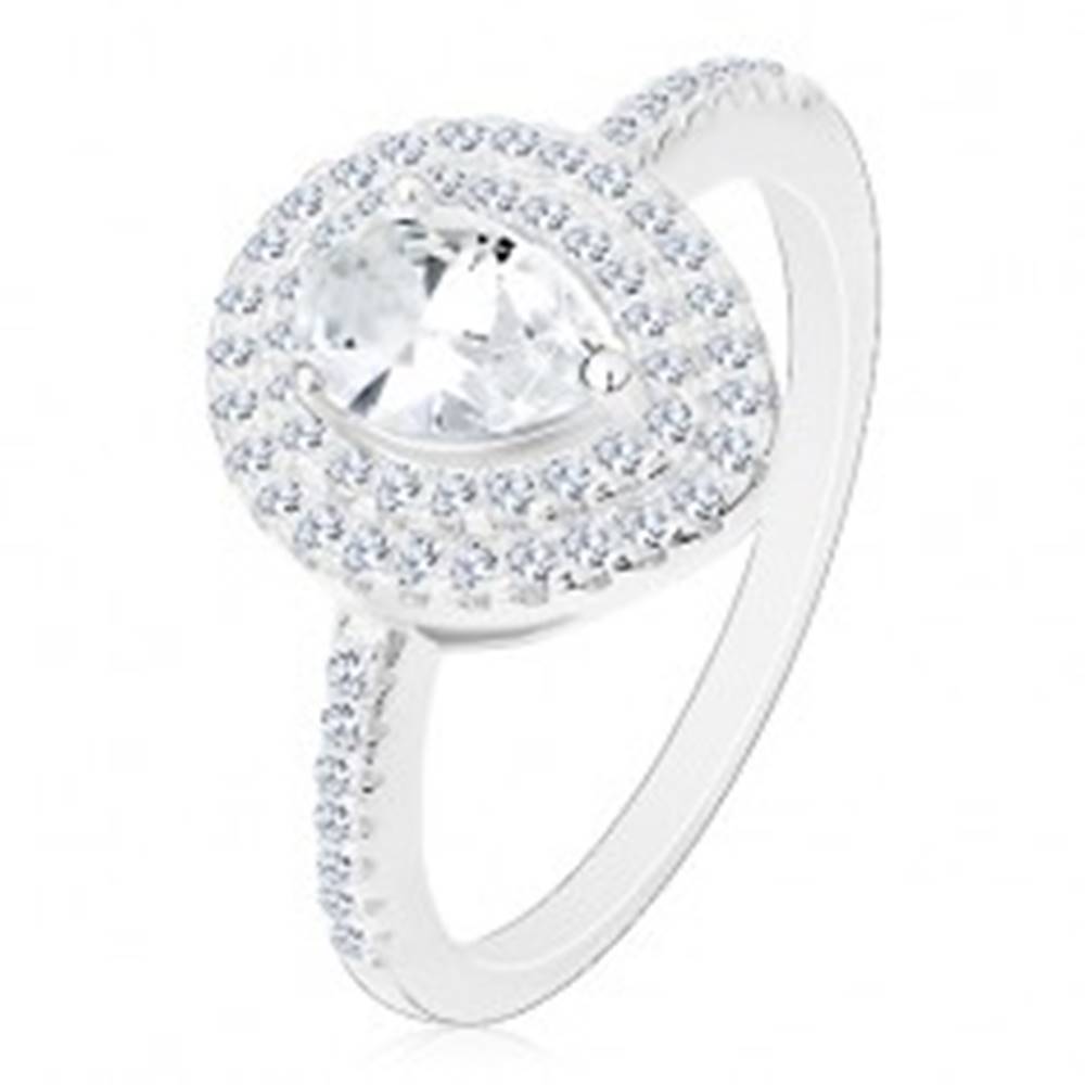 Šperky eshop Strieborný zásnubný prsteň 925, číra brúsená kvapka v dvojitej kontúre - Veľkosť: 49 mm