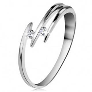Briliantový prsteň z bieleho 14K zlata - dva ligotavé číre diamanty, tenké línie ramien - Veľkosť: 48 mm