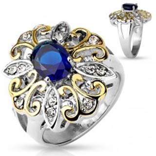Mohutný prsteň z ocele 316L, veľký dvojfarebný kvet, tmavomodrý oválny zirkón - Veľkosť: 51 mm