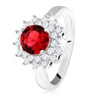 Prsteň s červeným okrúhlym kameňom a čírymi zirkónikmi, slniečko, striebro 925 - Veľkosť: 50 mm
