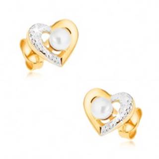 Ródiované náušnice z 9K zlata - dvojfarebná kontúra srdca, biela perla