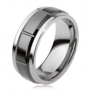Tungstenový prsteň so zárezmi, strieborná farba, lesklý čierny povrch - Veľkosť: 49 mm