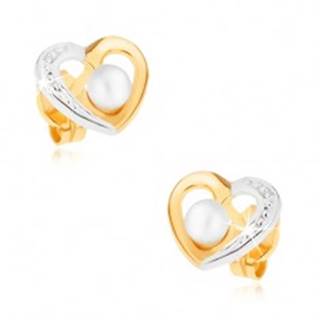 Zlaté ródiované náušnice 375 - dvojfarebný obrys srdca, biela perlička
