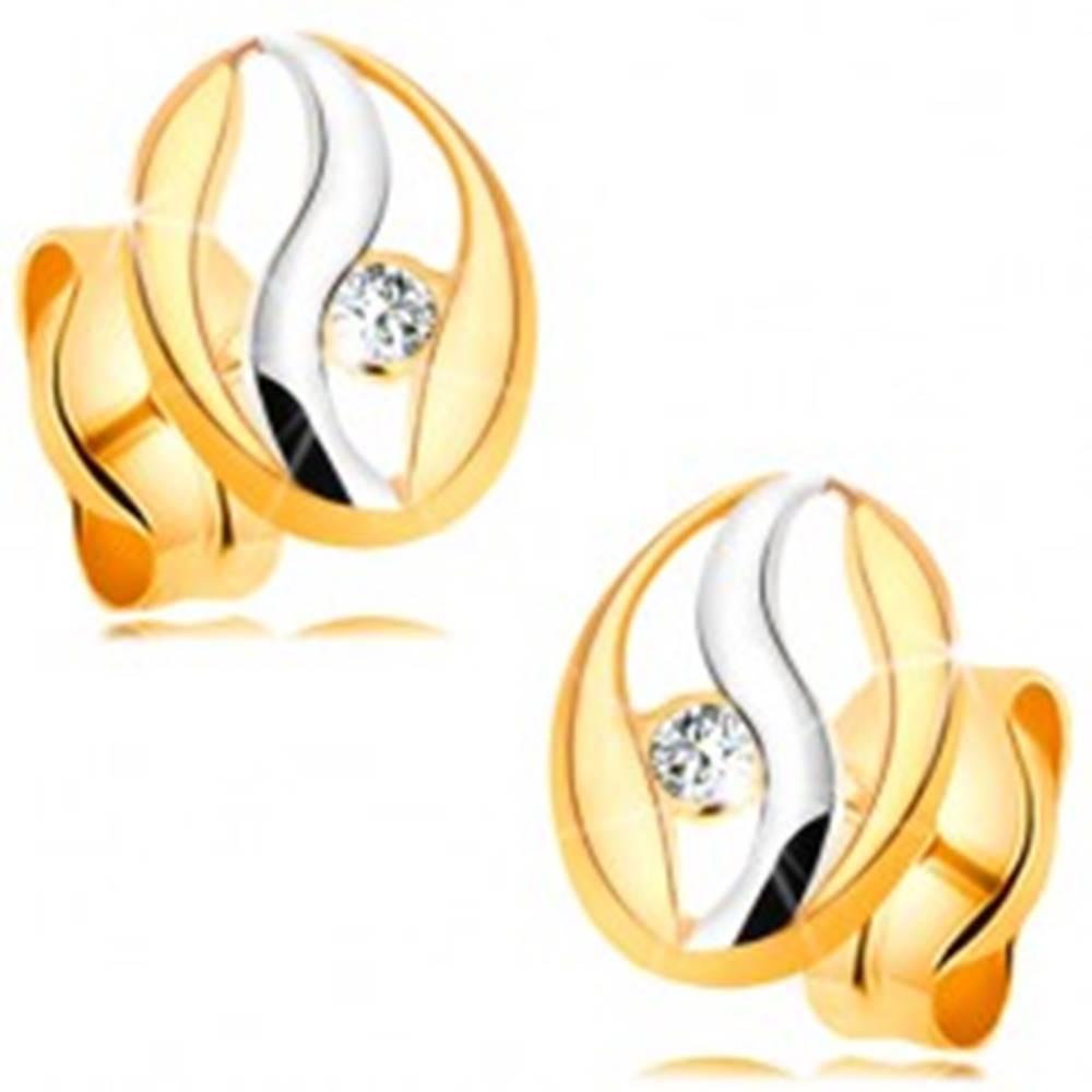 Šperky eshop Diamantové náušnice v 14K zlate - obrys oválu s vlnkou z bieleho zlata, briliant