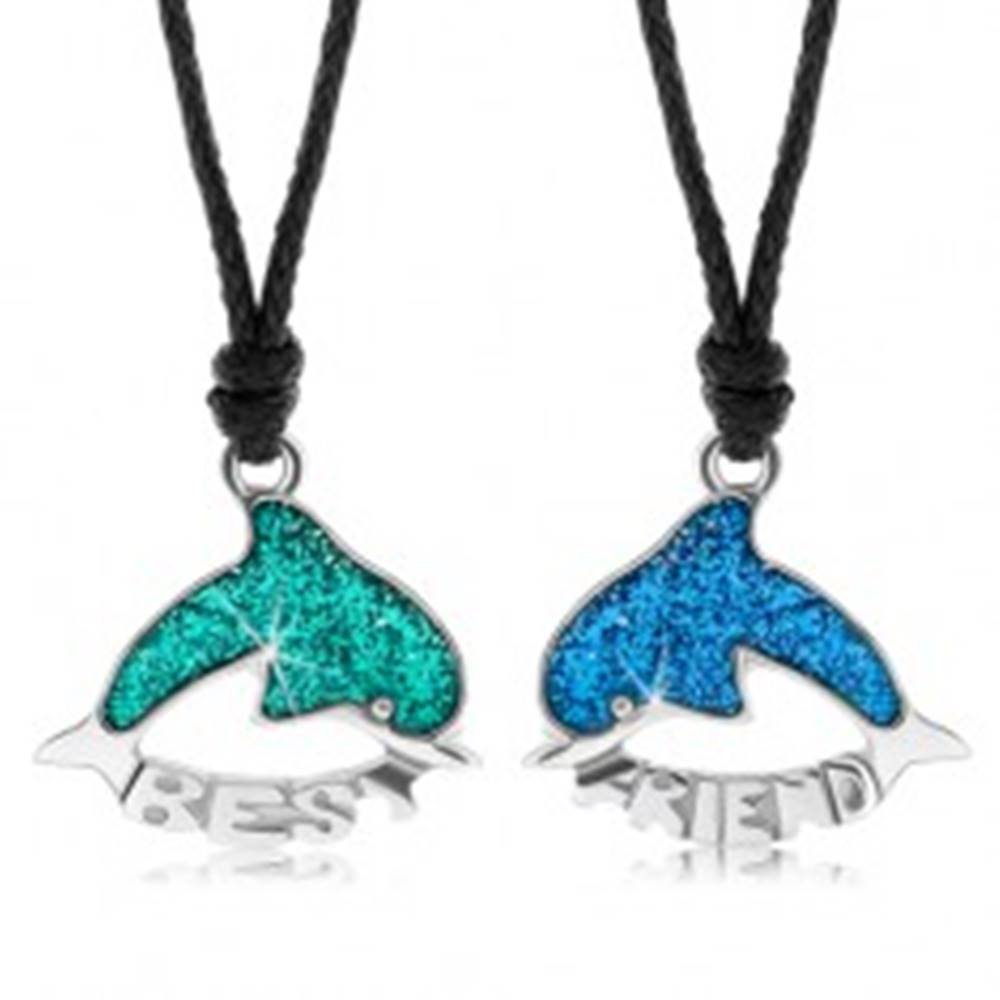Šperky eshop Dva šnúrkové náhrdelníky, zelený a modrý delfín, glazúra, BEST FRIEND