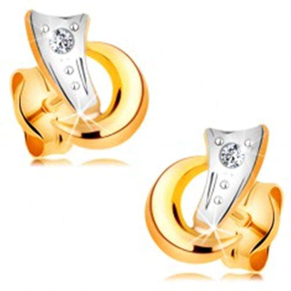 Šperky eshop Dvojfarebné náušnice v 14K zlate - dva oblúčiky a trblietavý diamant čírej farby