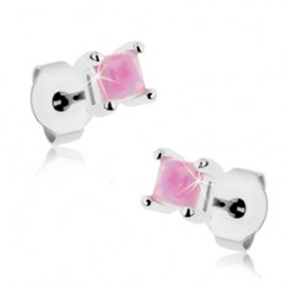 Šperky eshop Lesklé oceľové náušnice, ružový syntetický opál - štvorček, 3 mm