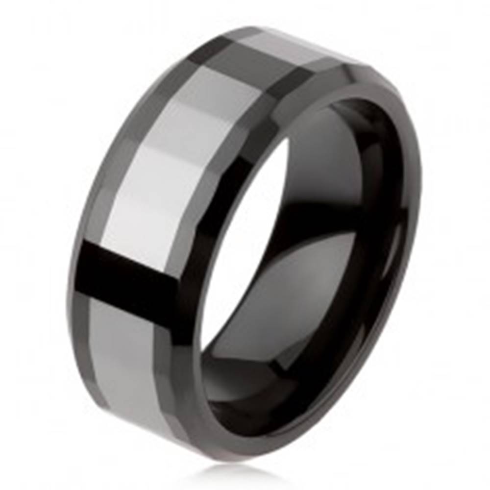 Šperky eshop Lesklý volfrámový prsteň, dvojfarebný, geometricky brúsený povrch - Veľkosť: 49 mm