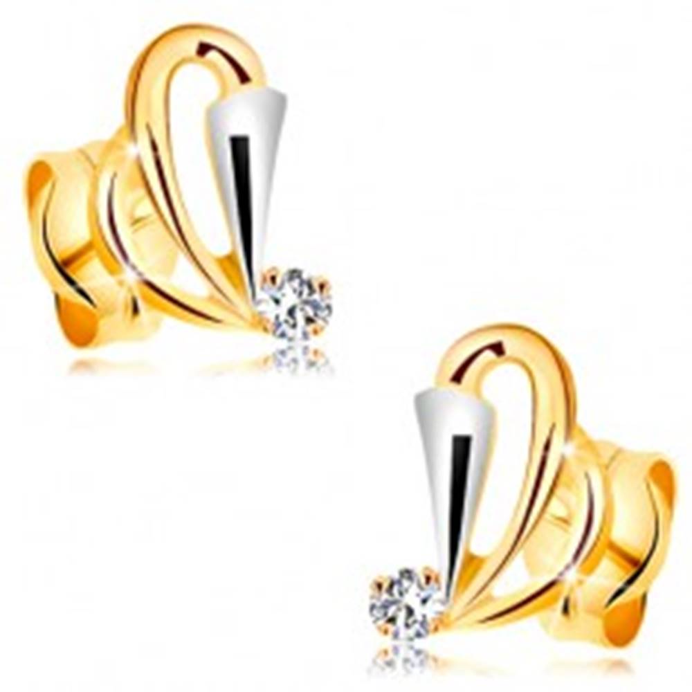 Šperky eshop Náušnice v 14K zlate - kontúry slzičiek, rozšírený pás z bieleho zlata a číry zirkón