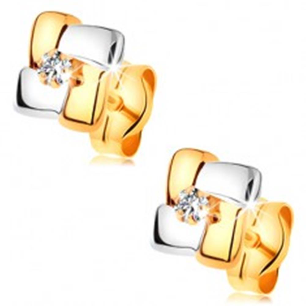 Šperky eshop Náušnice zo 14K zlata - dvojfarebné štvorce s brúseným diamantom v strede