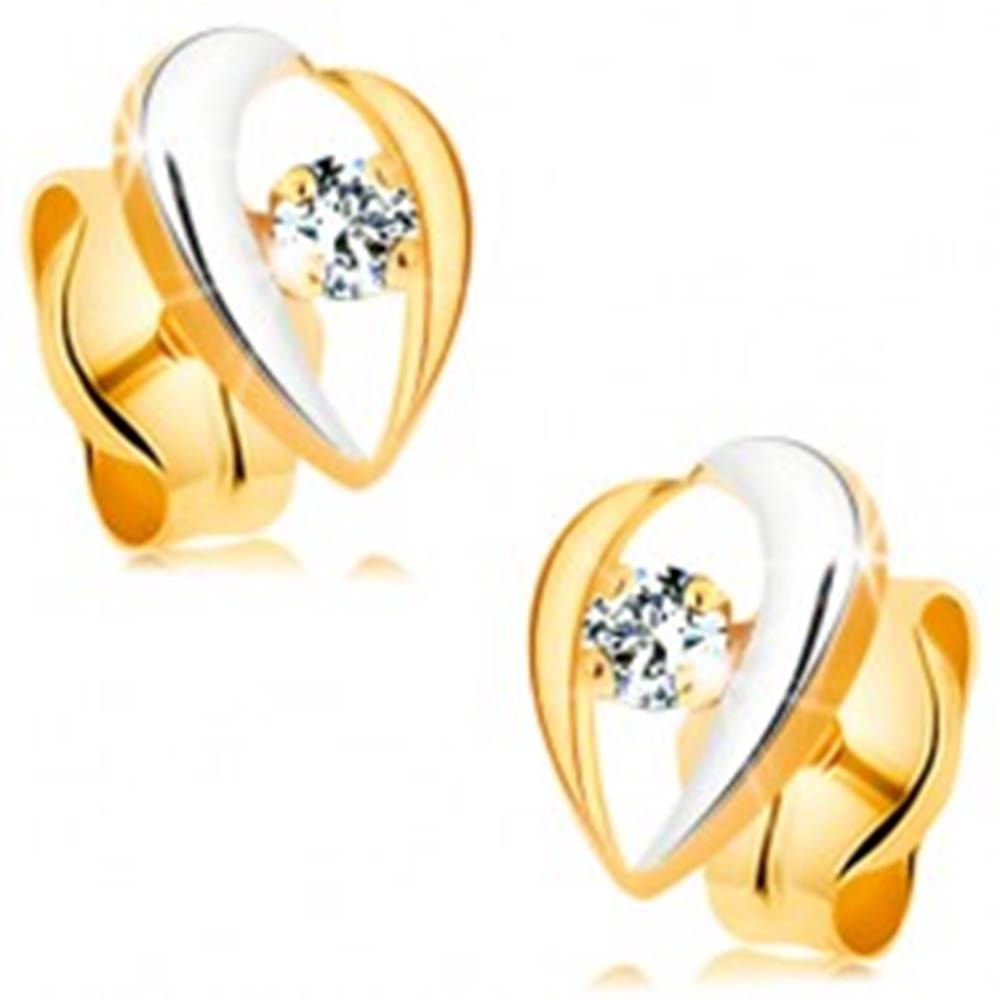 Šperky eshop Náušnice zo 14K zlata - zahnuté línie lemujúce číry diamant, dvojfarebné