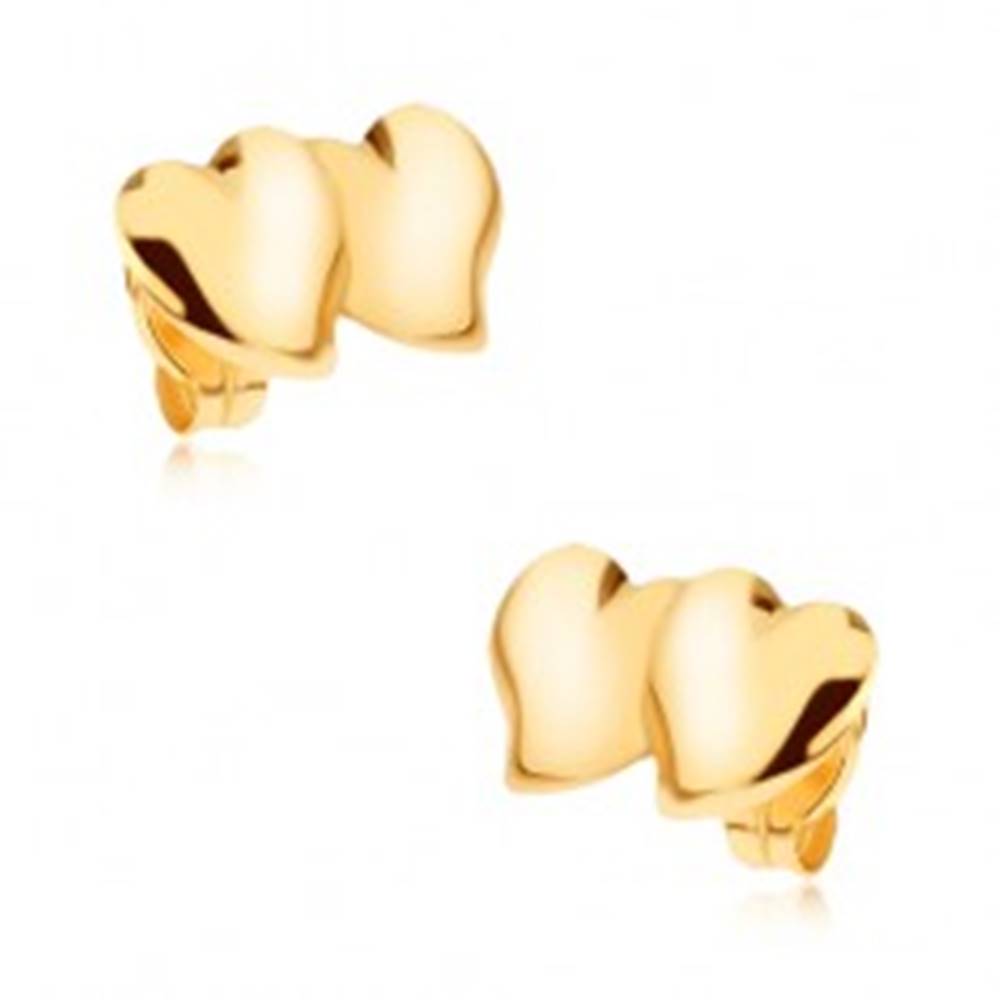 Šperky eshop Náušnice zo žltého 9K zlata - dve prekrývajúce sa asymetrické srdcia