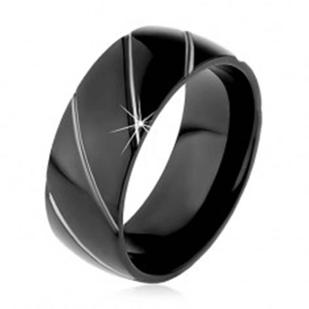Šperky eshop Obrúčka z ocele 316L čiernej farby, diagonálne pásy v striebornom odtieni, 8 mm - Veľkosť: 57 mm