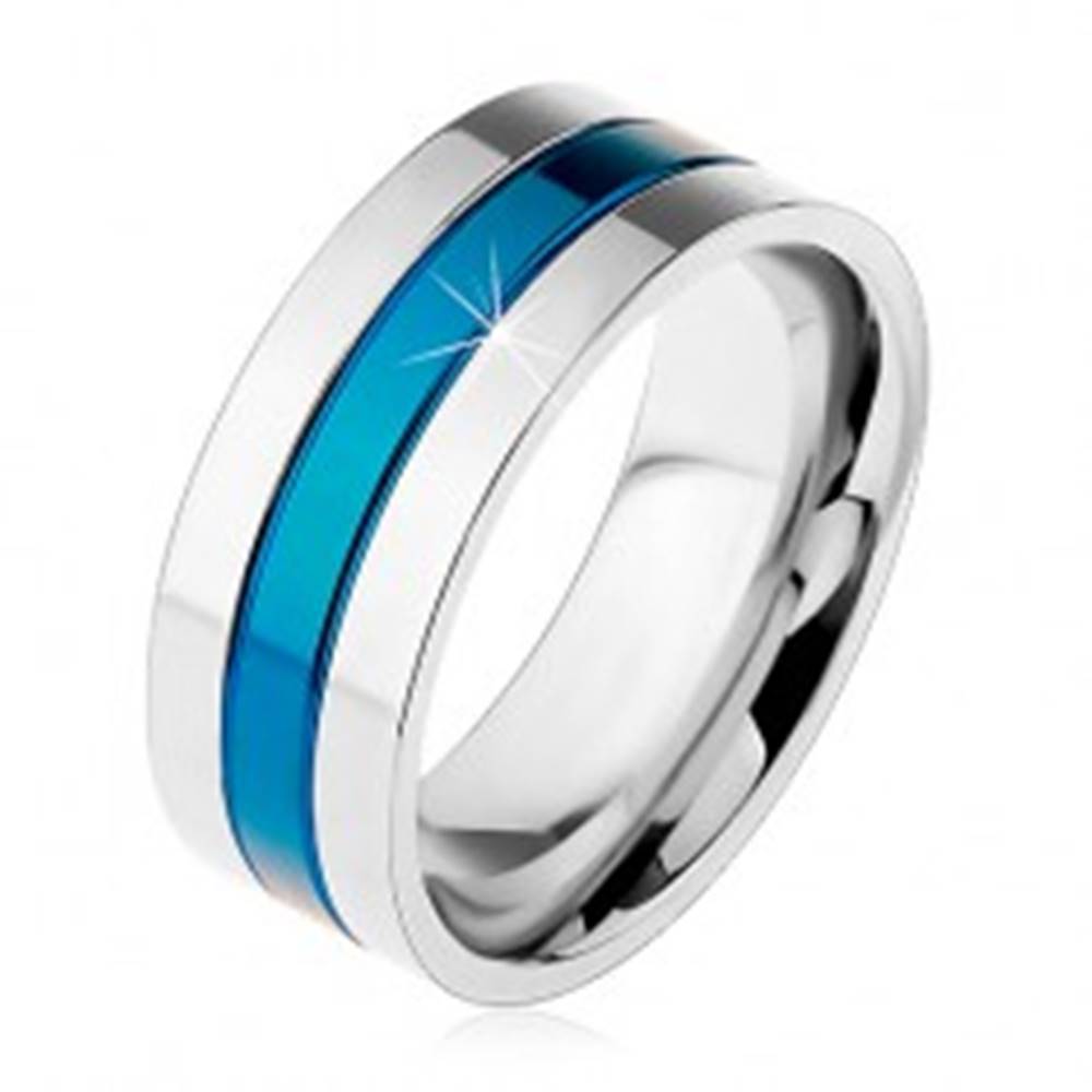 Šperky eshop Obrúčka z ocele 316L, modrý stredový pás, okraje striebornej farby, zárezy, 8 mm - Veľkosť: 57 mm
