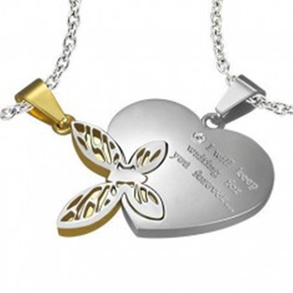 Šperky eshop Oceľový dvojprívesok, strieborná a zlatá farba, srdce s nápisom, motýlik s výrezmi
