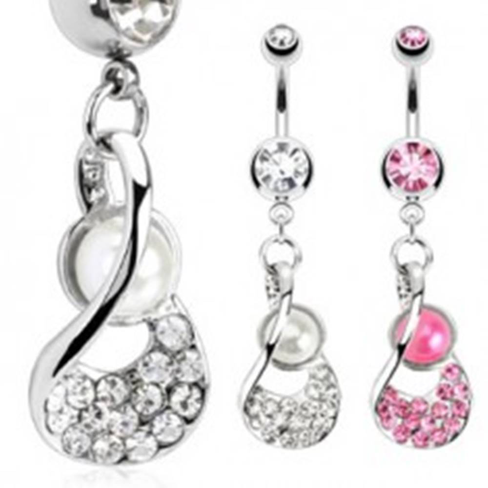 Šperky eshop Oceľový piercing do pupku - lastúra s perlovou korálkou a zirkónmi - Farba zirkónu: Číra - C