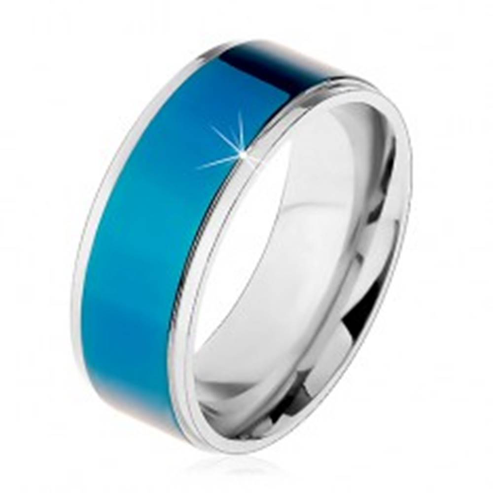 Šperky eshop Oceľový prsteň, tmavomodrý pruh, lemy striebornej farby, vysoký lesk, 8 mm - Veľkosť: 57 mm