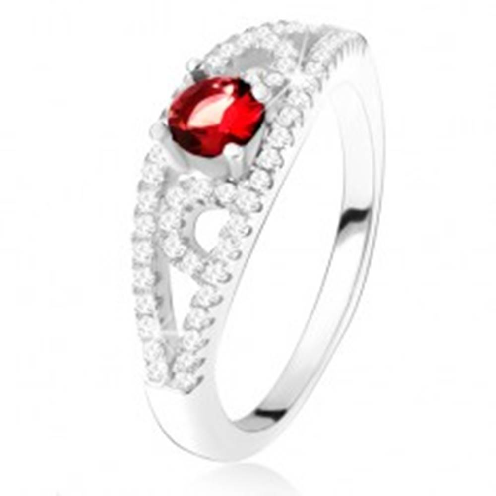 Šperky eshop Prsteň zo striebra 925, okrúhly červený zirkón, línie s čírymi kamienkami - Veľkosť: 50 mm