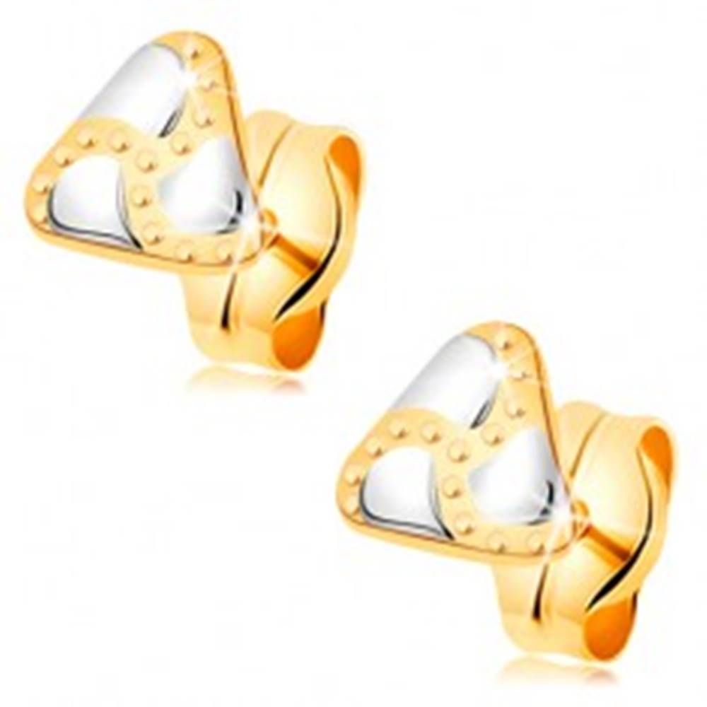 Šperky eshop Puzetové náušnice, kombinované 14K zlato - trojuholník, slzičky a gravírované bodky
