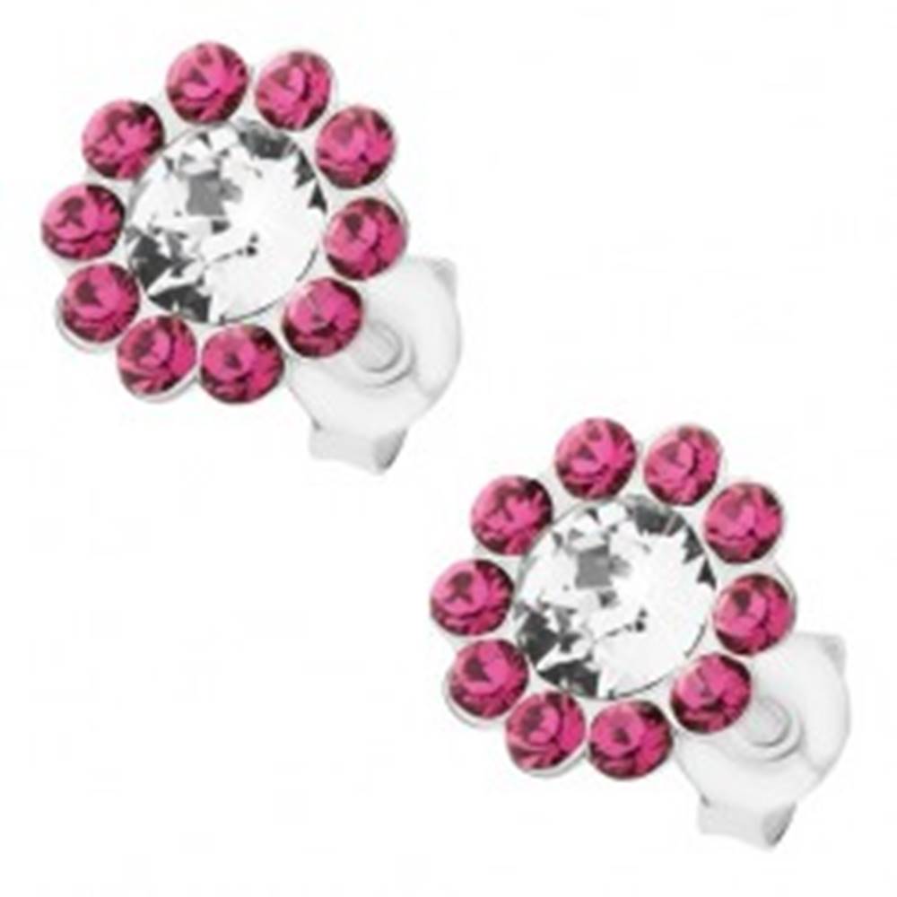 Šperky eshop Strieborné náušnice 925, ligotavý kvet z čírych a ružových Preciosa krištáľov