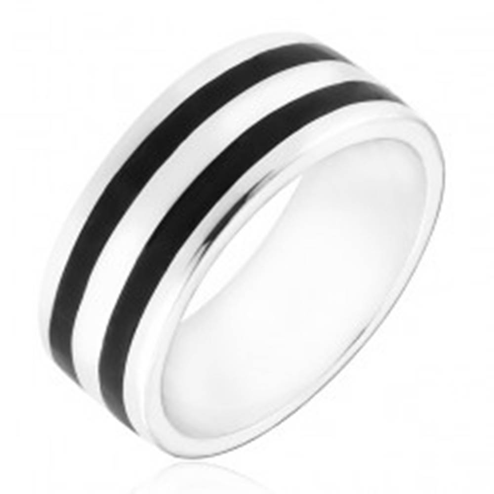 Šperky eshop Strieborný prsteň 925 - obrúčka s dvomi čiernymi pásmi - Veľkosť: 50 mm