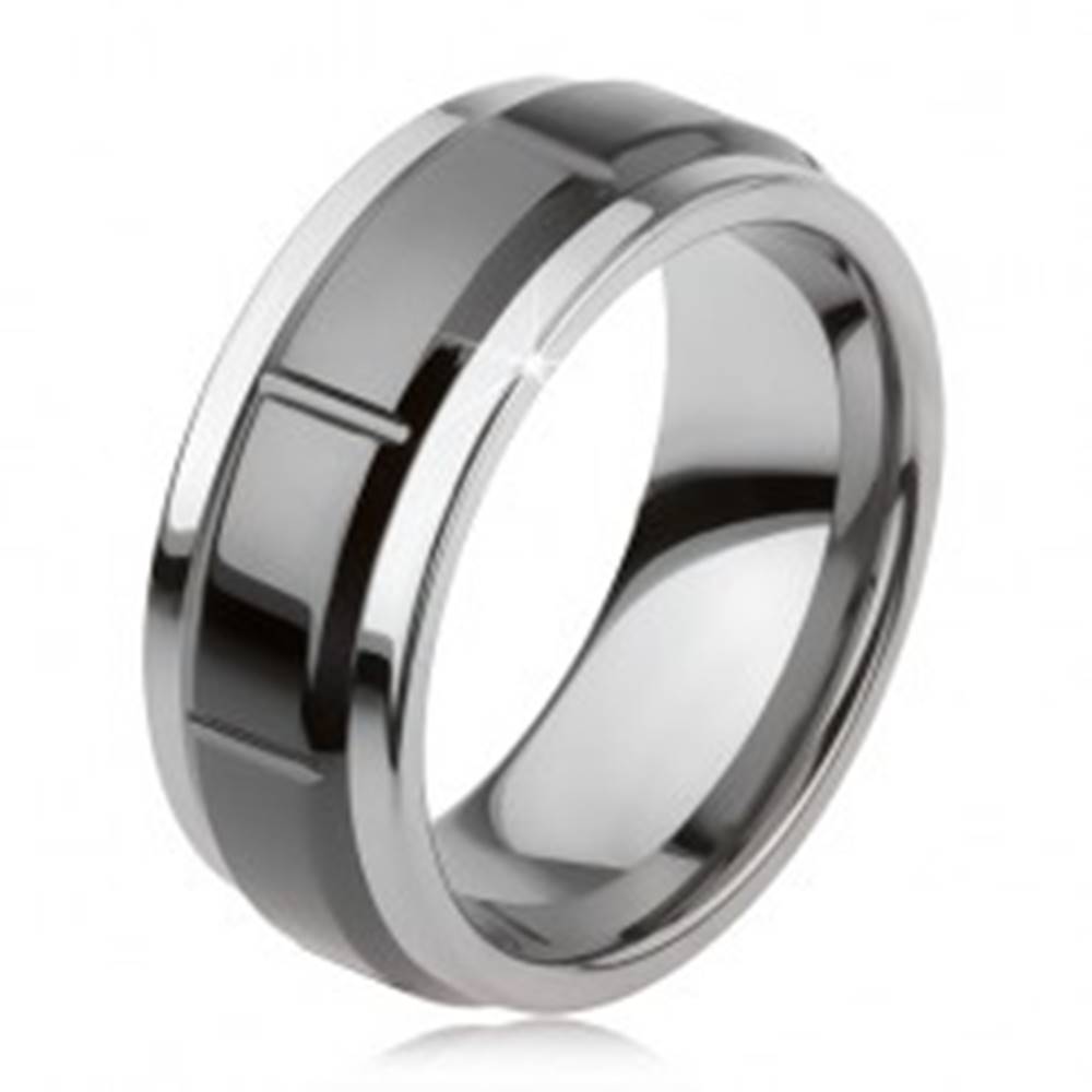 Šperky eshop Tungstenový prsteň so zárezmi, strieborná farba, lesklý čierny povrch - Veľkosť: 49 mm