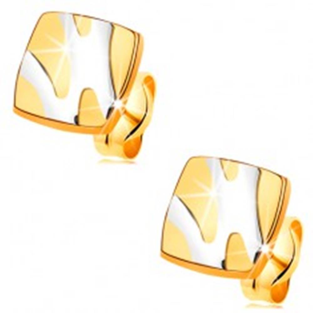 Šperky eshop Zlaté 14K náušnice - lesklý štvorec s asymetrickými líniami z bieleho zlata