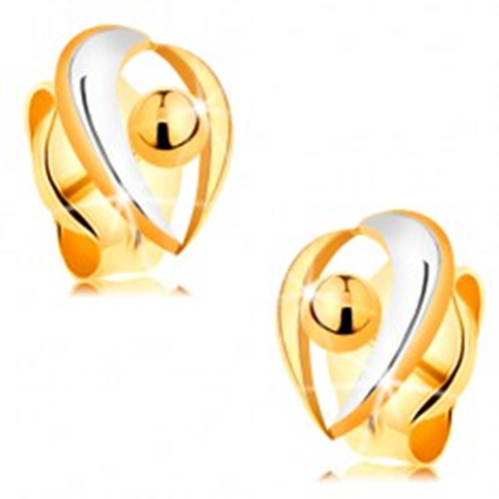 Šperky eshop Zlaté puzetové náušnice 585 - oblúčiky v bielom a žltom zlate, gulička