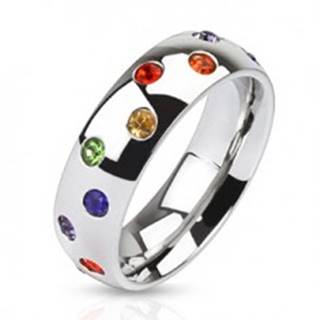 Oceľový prsteň - obrúčka striebornej farby, farebné kamienky - Veľkosť: 49 mm