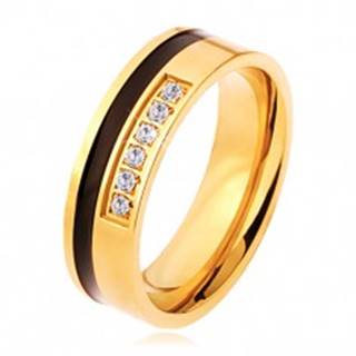 Oceľový prsteň zlatej a čiernej farby, ozdobná línia čírych zirkónov - Veľkosť: 54 mm