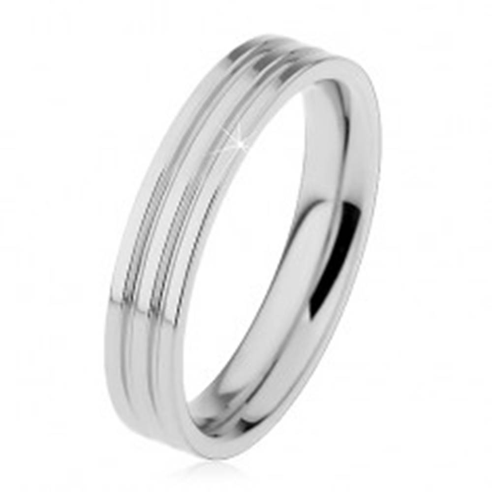 Šperky eshop Lesklý prsteň z ocele 316L striebornej farby, dva pozdĺžne zárezy, 4 mm - Veľkosť: 49 mm